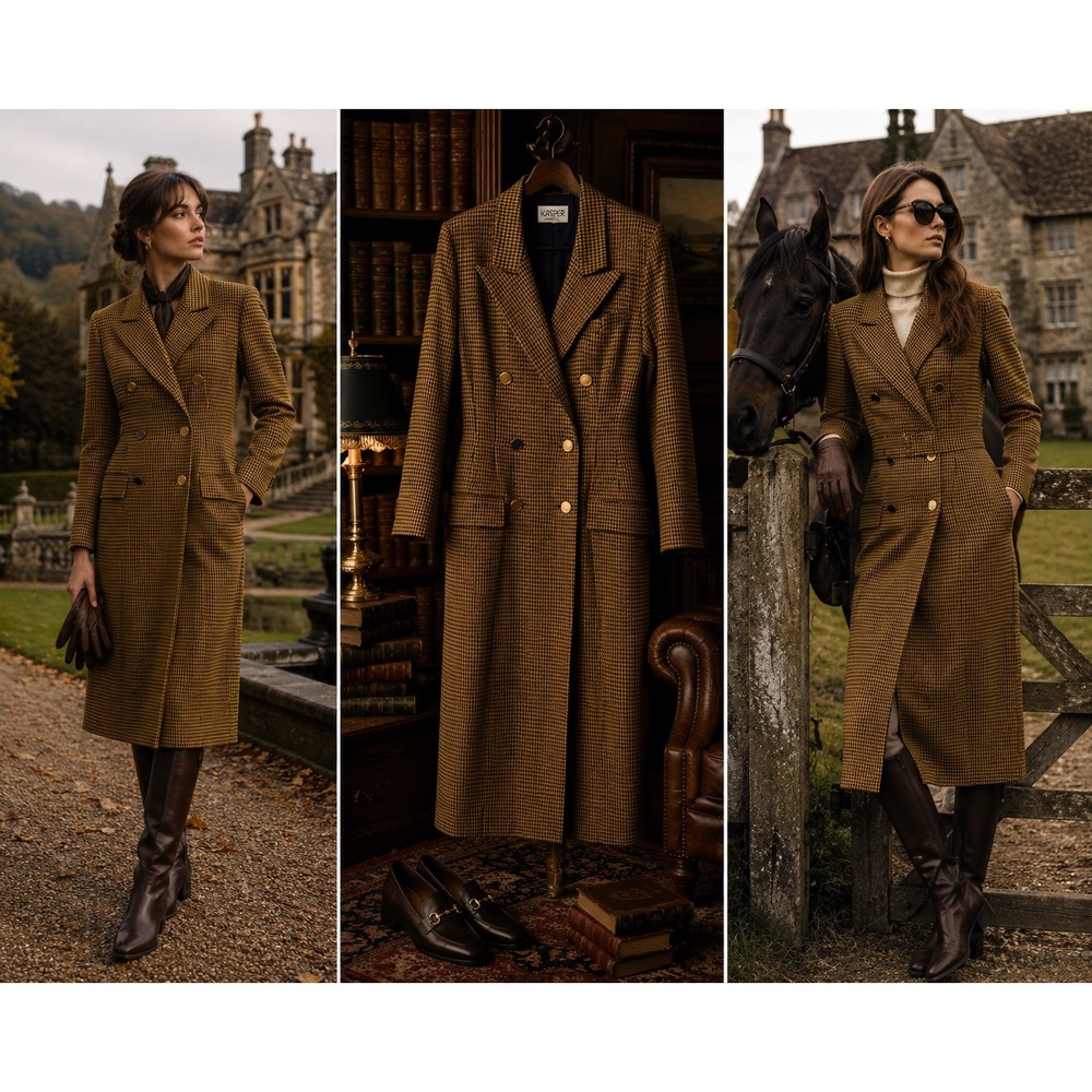 Vintage Kasper Houndstooth Coat Dress  M Made Hong‎ Kong Gold Button Equestrian
